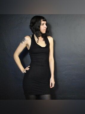 Black Long Tank Mini Dress with cowl neck and racerback, Rivetted, handmade, S